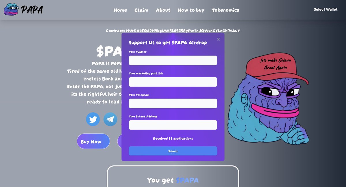 SOLAPAPANA's tweet photo. Airdrop Claim form is open and Available to Submit in out website ⬇️
🌍 https://t.co/Zaa2TUdnEI

Just 5 Tasks to be Eligible for the #Airdrop👇 $PAPA 👴🏼

✅ RT - Tag 2 Solana Friends &amp; Like
💰 Enter Your $SOL Wallets

Oldest $PEPE 🐸 Here on #Solana 🟪

#Airdrop $JUP $DOT #BONK https://t.co/NiWbkP19fV