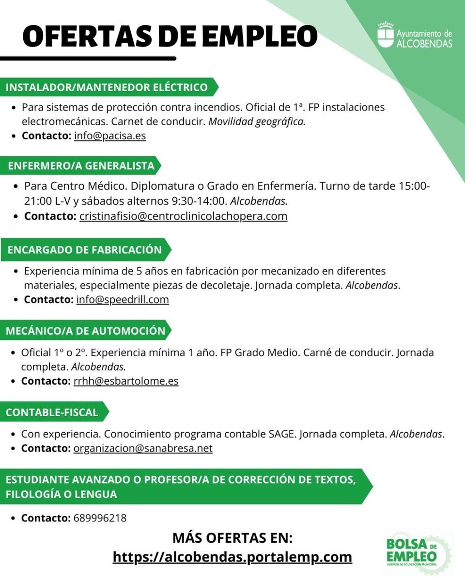 Alcobendas_emp's tweet photo. 📢Nuevas Ofertas de Empleo. Postúlate si cumples el perfil y estás interesado/a.

🌐 Si quieres conocer más ofertas en las que puedas encajar entra y regístrate en nuestra Bolsa de Empleo 📲 https://t.co/nbO9pwCEET https://t.co/Z1yNmy9oJf