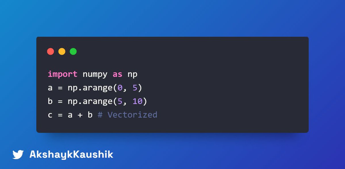 AkshaykKaushik's tweet image. Another Python speed tip:
vectorize operations instead of loops where possible. NumPy can apply functions to entire arrays which is much quicker:
#PythonNumPy #NumericEfficiency