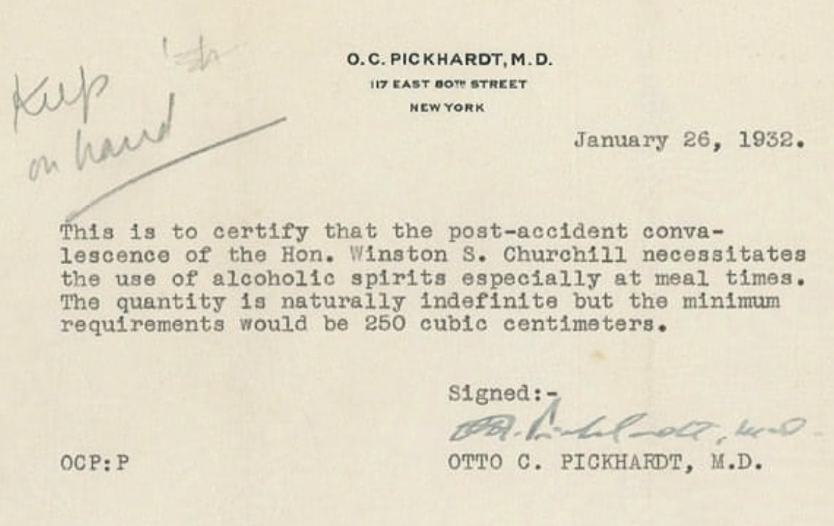 historyinmemes's tweet photo. Winston Churchill's doctors note that allowed him unlimited alcohol during the prohibition in the United States, 1932. https://t.co/408e5CKGGn
