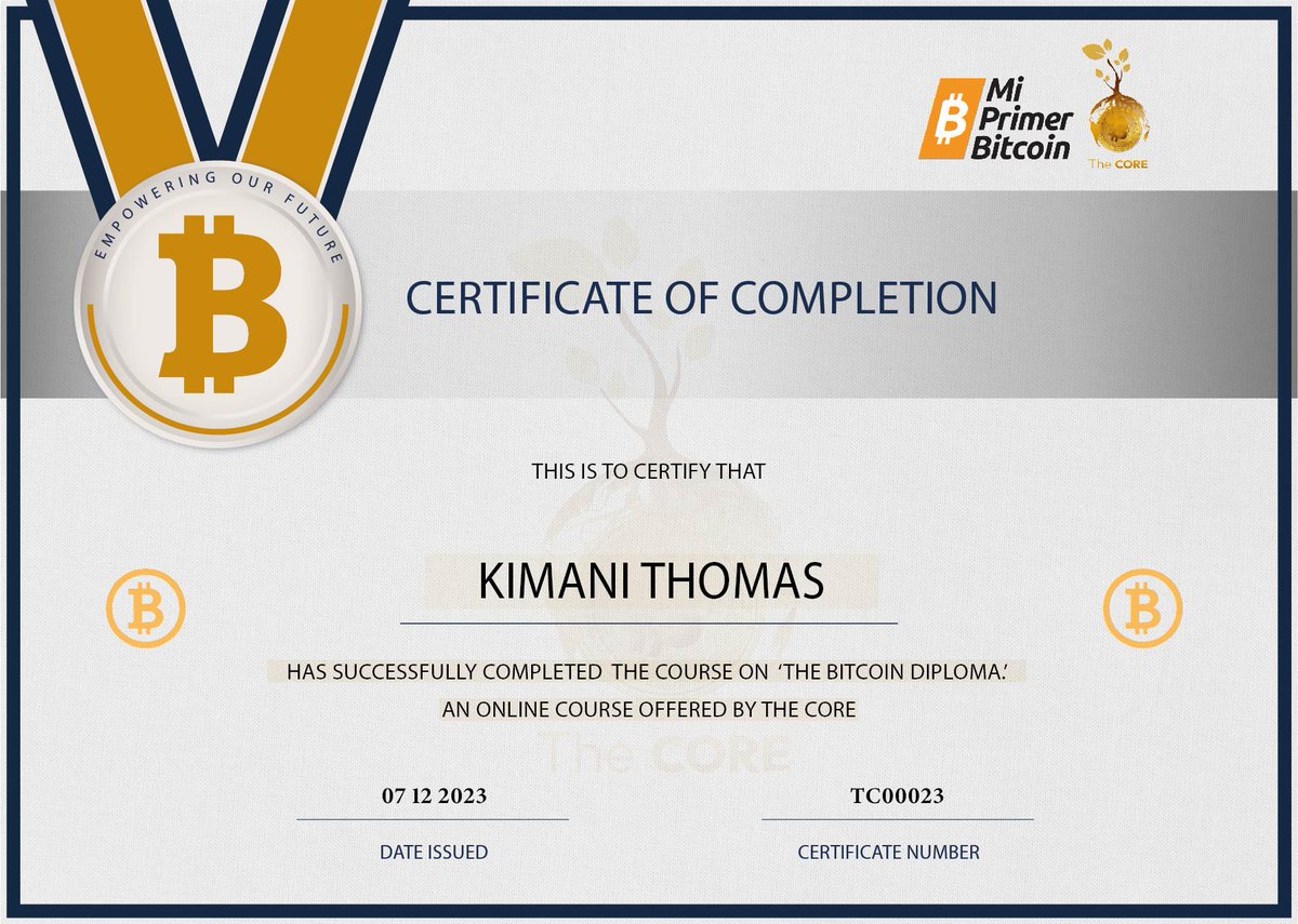 Incredibly grateful to receive My Bitcoin Diploma Certificate by  @MyfirstBitcoin_ courtesy of @thecore21m. Appreciation to various trainers  led by @MukunguFelix for the extensive #Bitcoin knowledge. Looking forward  to accelerating the adoption of #