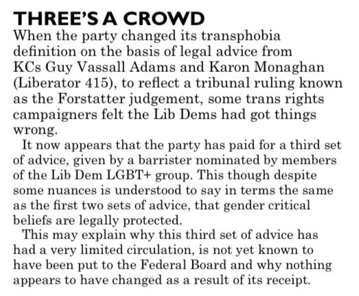 Helpful update in the latest Liberator Magazine re the ongoing saga of the <a href="/LibDems/">Liberal Democrats</a>' Definition of Transphobia. 

It would surely take an uncommonly confident barrister to contradict the legal opinions of two eminent KCs, both of whom agreed with one another.