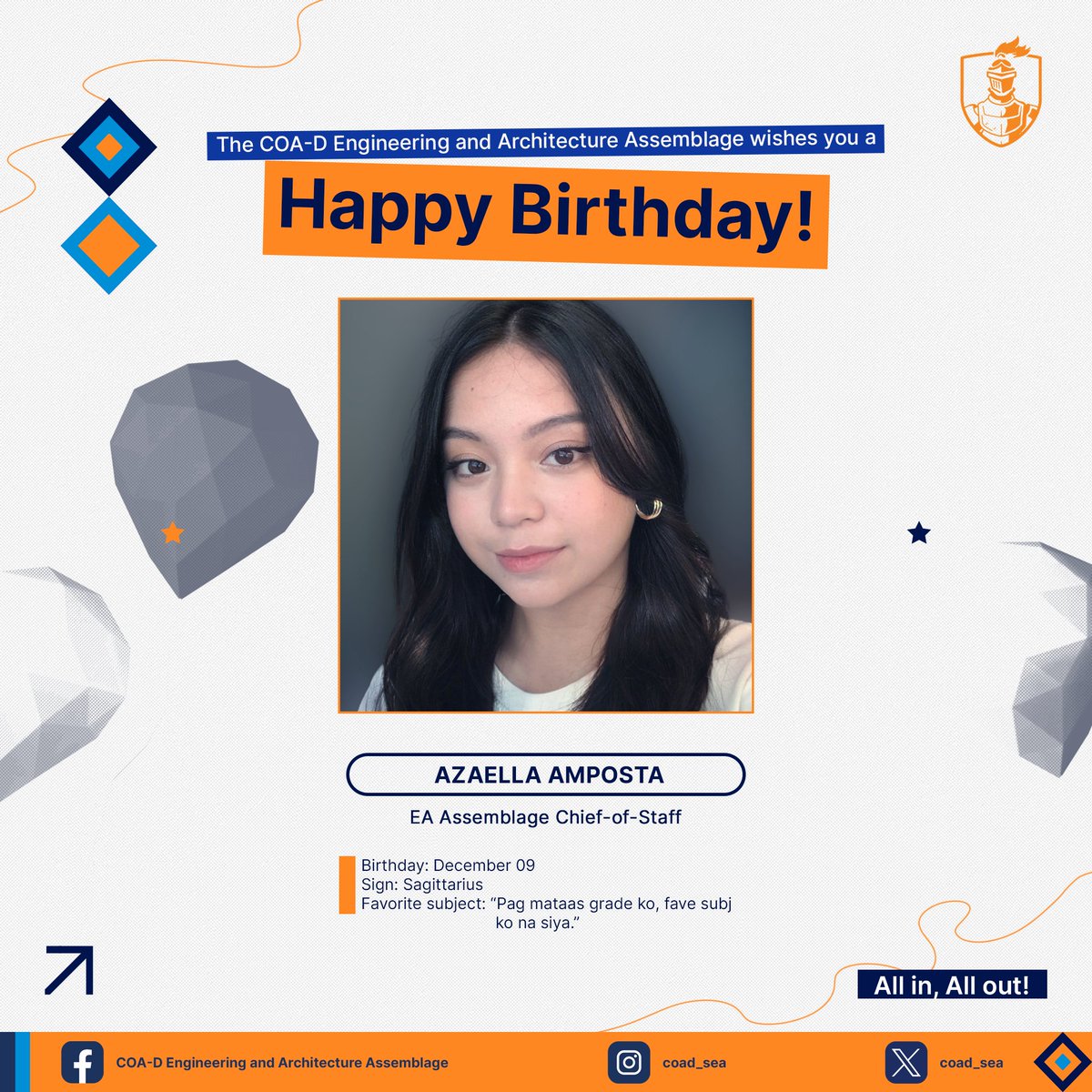 COAD_SEA's tweet photo. 𝗛𝗮𝗽𝗽𝘆 𝗕𝗶𝗿𝘁𝗵𝗱𝗮𝘆, 𝐀𝐳𝐚𝐞𝐥𝐥𝐚! 🎂

The COA-D Engineering and Architecture Assemblage would like to wish the happiest birthday to our very own 𝐄𝐀 𝐀𝐬𝐬𝐞𝐦𝐛𝐥𝐚𝐠𝐞 𝐂𝐡𝐢𝐞𝐟 𝐨𝐟 𝐒𝐭𝐚𝐟𝐟, Azaella Amposta! 🥳 https://t.co/4VJ39mVh47