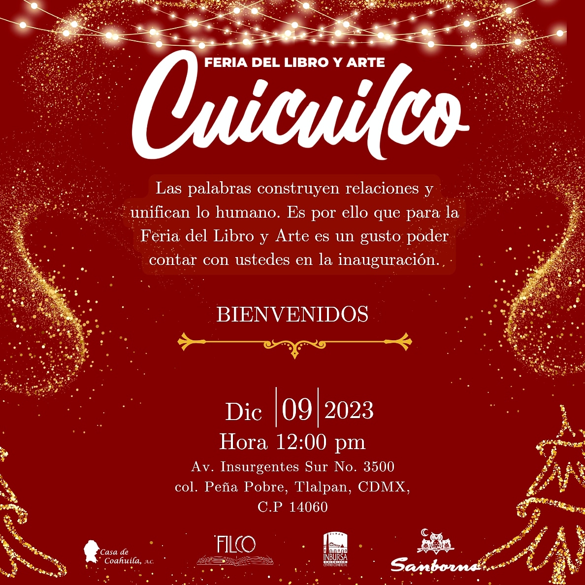 Hoy dará inicio la Feria del Libro y Arte Cuicuilco.

Te invitamos a que estés presente a las 12:00pm y puedas compartir junto a FILCO la inauguración.

Comparte con todos tus amigos🤓

#filco2023 #eventos2023 #feria #libros #escritores #lectores #cdmx #librosymáslibros