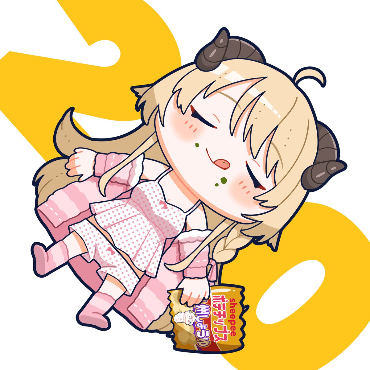 tsunomaki watame 1girl horns food blonde hair solo closed eyes chibi  illustration images