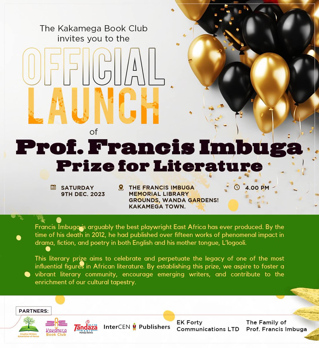 The Francis Imbuga Prize launches today.