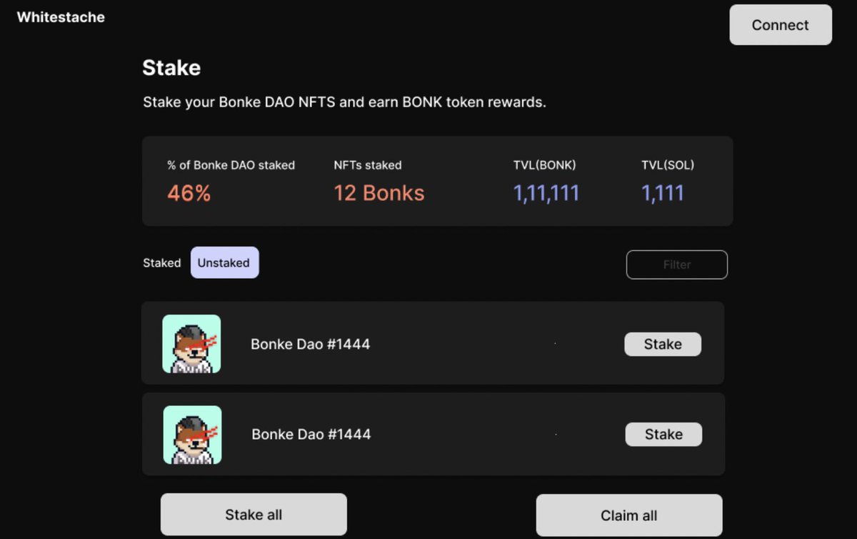 whitestache's tweet image. gm, are we ready for more staking? 

Stake your @bonkedao for daily $bonk.  

Preview.
