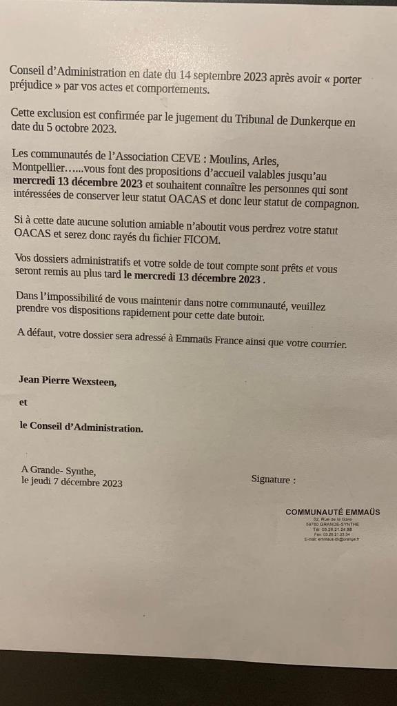 Plutôt que d’écouter les revendications de ses compagnons, la direction de Emmaus Dunkerque a trouvé le moyen  de casser leur mouvement de grève débuté en août dernier…

Les exclure de la communauté. Tout simplement.