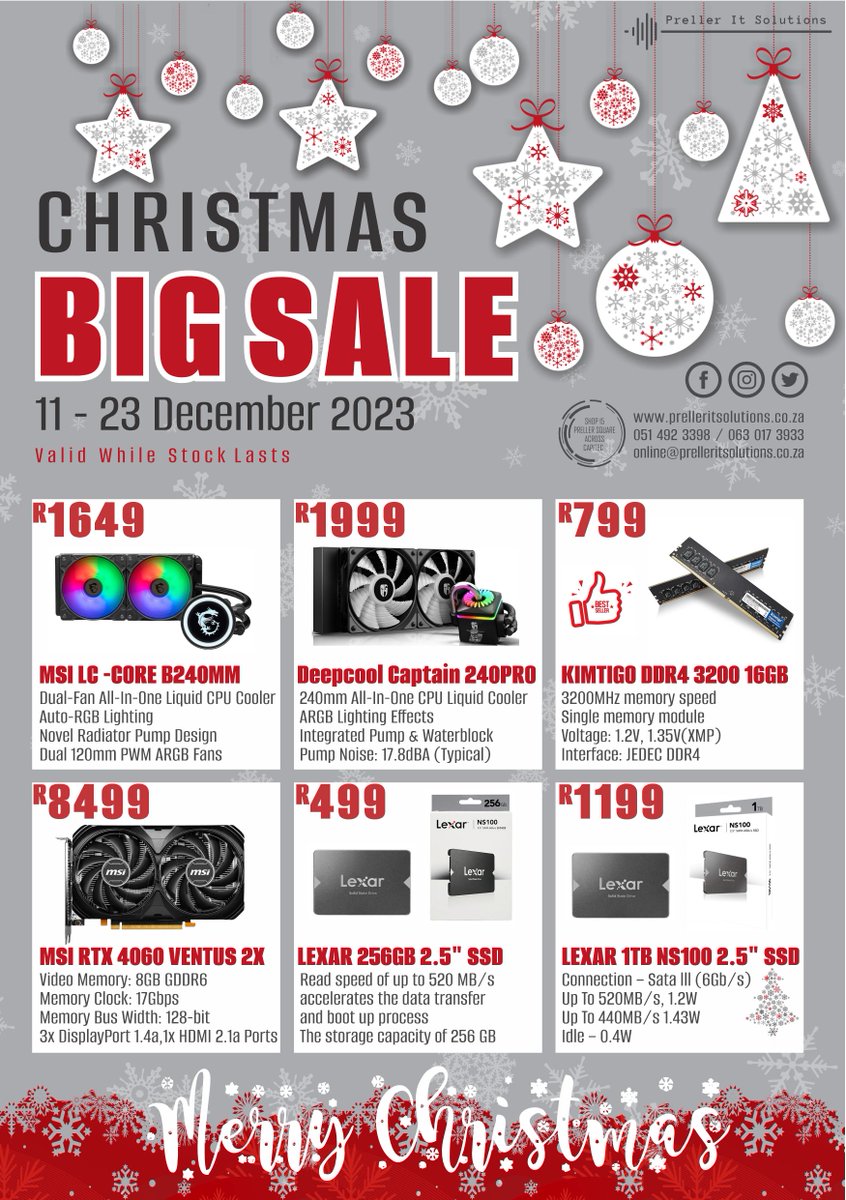 PrellerIt's tweet image. Dont Miss Out on our HO HO HO Santa Savings !
Visit us In-Store or Online for More Amazing Offers !
Preller IT Solutions
📷  051 492 3398  / WhatsApp 063 017 3933
📷  Preller Square - Shop 15
📷   Online@prelleritsolutions.co.za
prelleritsolutions.co.za