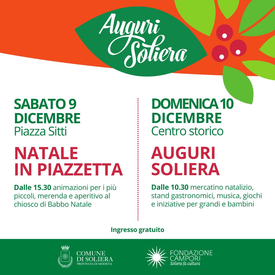 CSoliera's tweet photo. Il 9 e il 10 dicembre tante iniziative a Soliera in avvicinamento a Natale. Oggi pomeriggio il Natale in piazzetta don Ugo Sitti, domani tutto il giorno in centro storico per Auguri Soliera! https://t.co/B0g5qgBFHh https://t.co/FG75zZbxn1