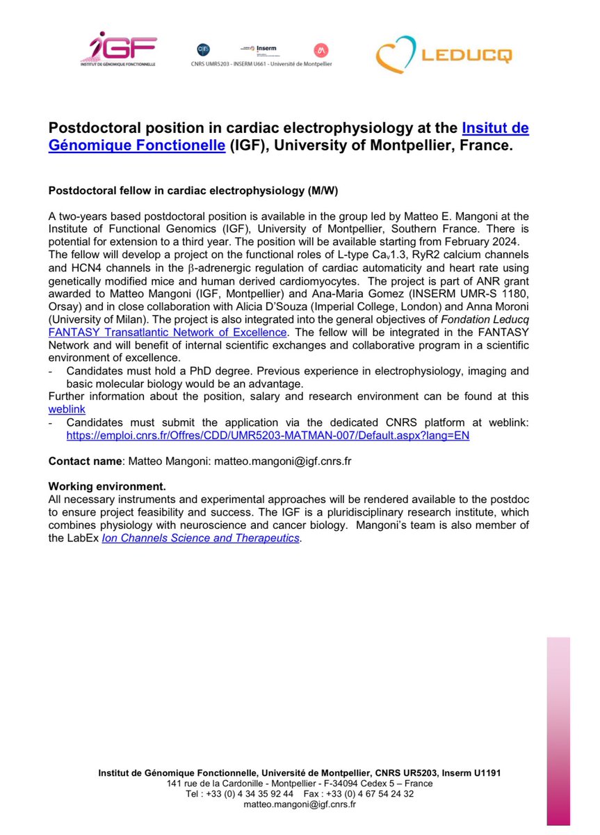 Post-Doc position in the laboratory of Matteo Mangoni in Montpellier, France. Please retweet 🙏🏻