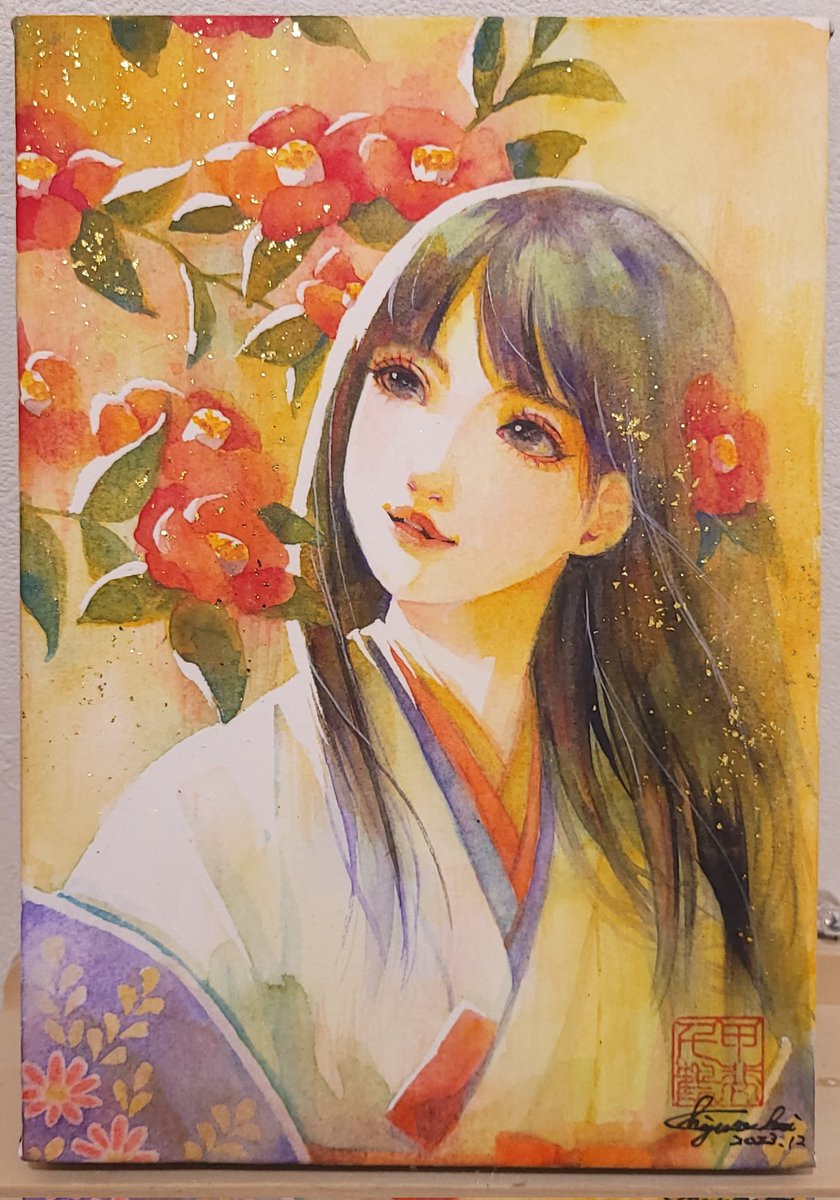 1girl solo japanese clothes flower traditional media kimono long hair  illustration images