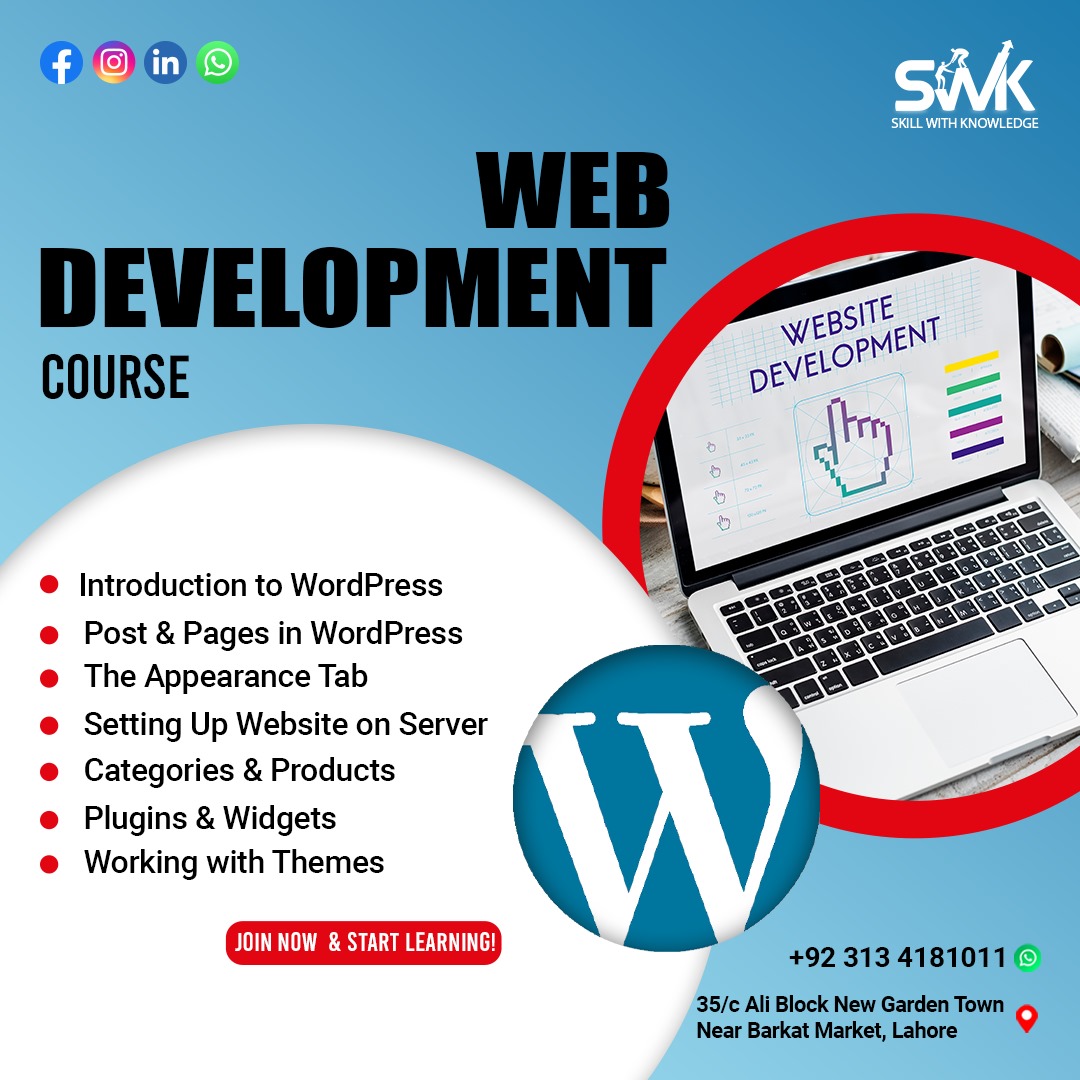 From mastering WordPress to diving into the intricacies of themes and plugins – empower yourself to create impactful websites. 
#WebDevelopmentJourney #TechSkills #joinswk #skillwithknowledge #joinswkcourses #WebDevelopment #WordPressCourse #LearnWebDevelopment #WebDev