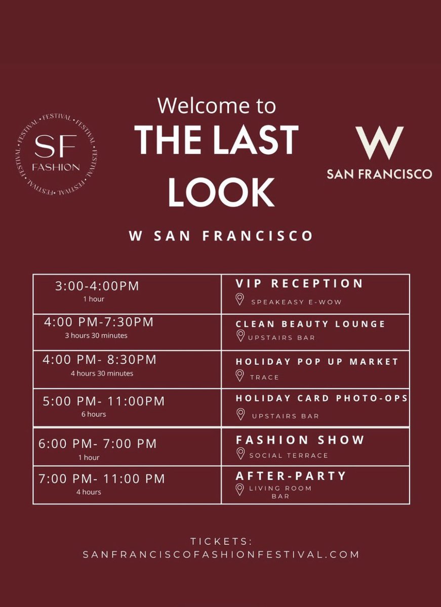 LaetitiaParente's tweet photo. The official schedule for tomorrow Last Look @sffashionfestival show ✨👠 get your ticket now! Use my discount code: LETI10 for 10% off ➡️ https://t.co/zRhXUlbxef #SanFrancisco #SFFashionFestival #TheLastLook #Holidayparty https://t.co/VX0VjMwYgi