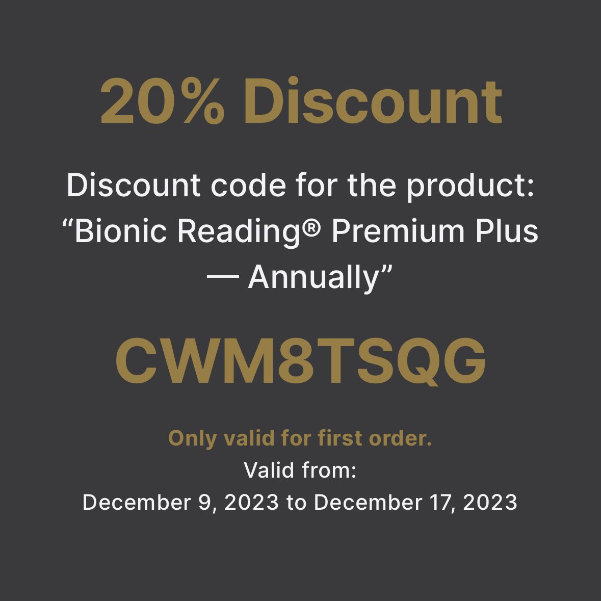 🔥20% Discount🔥 Discount for the product: “Bionic Reading® Premium Plus — Annually”. Your Discount Code: 👉CWM8TSQG More information: 👉bionic-reading.com/br-discount/ — 𝗕𝗶𝗼𝗇𝗂𝖼 𝗥𝗲𝗮𝗱𝗂𝗇𝗀® 𝗚𝗼𝗅𝖽 𝗮𝘄𝗮𝗋𝖽-𝘄𝗶𝗻𝗻𝗂𝗇𝗀 𝗿𝗲𝗮𝗱𝗂𝗇𝗀 𝗺𝗲𝘁𝗁𝗈𝖽. 𝗠𝗮𝖽𝖾 𝗶𝗇🇨🇭 —