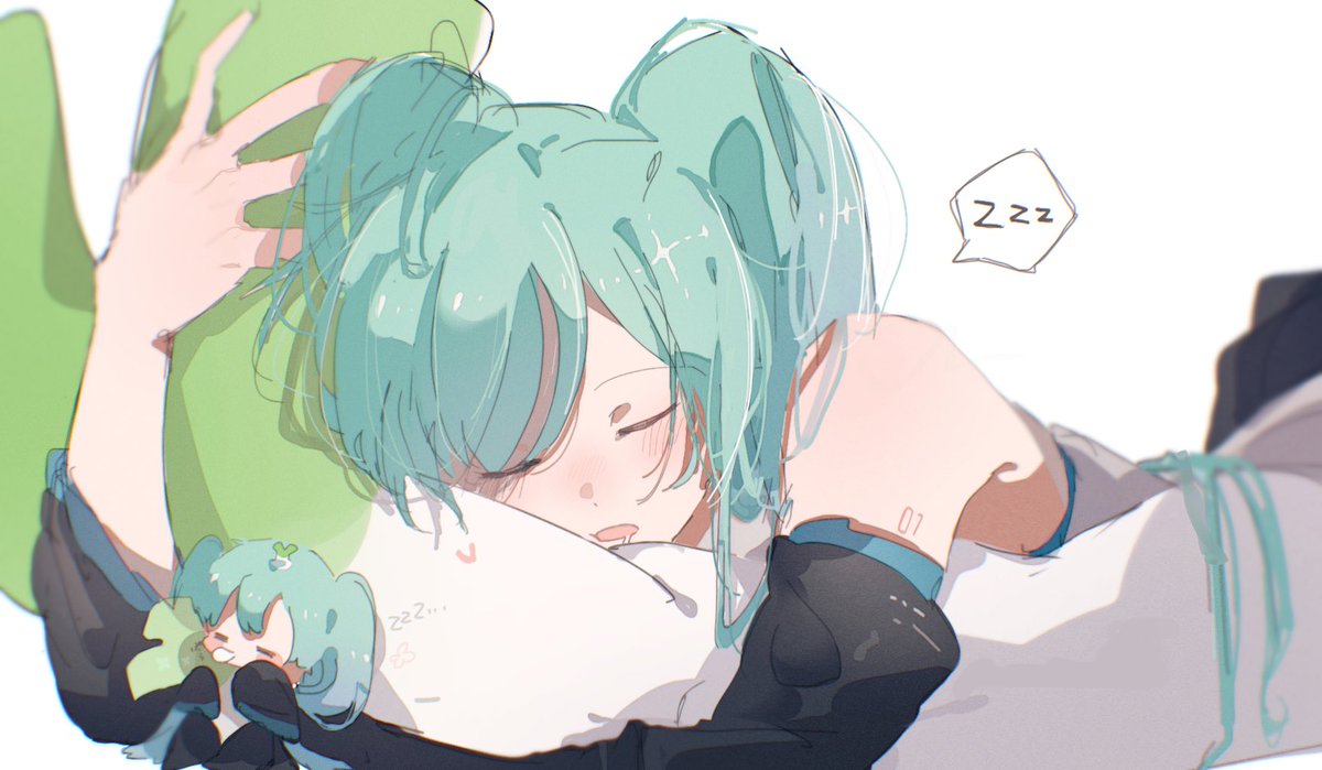 hatsune miku sleeping spring onion lying twintails closed eyes zzz shirt  illustration images