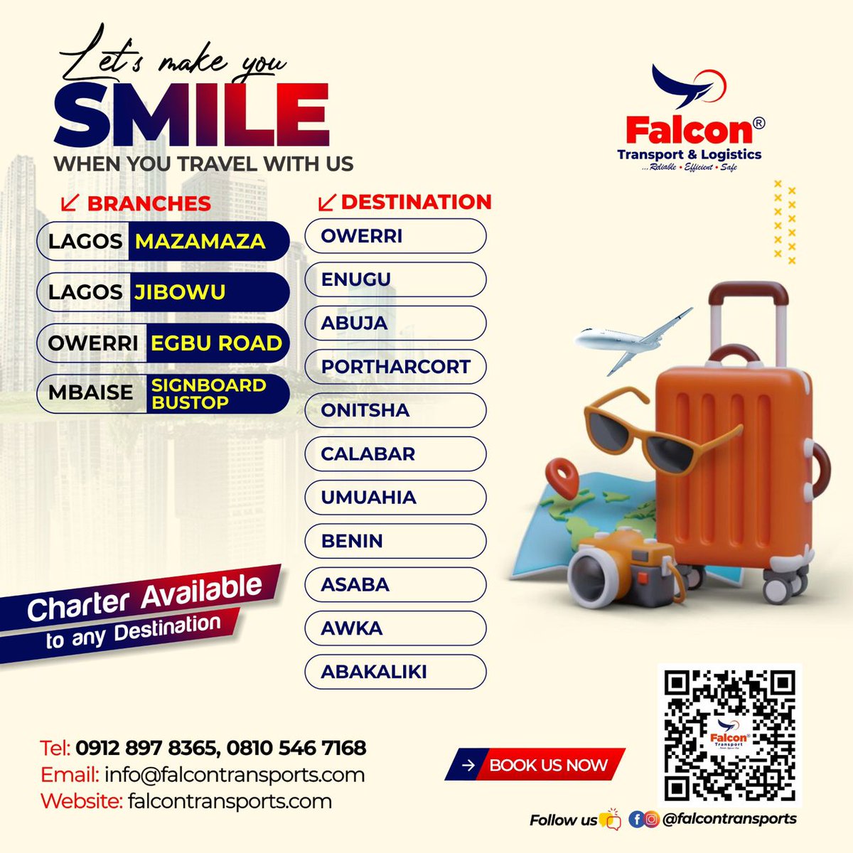 Let's make you smile when you travel with us today, Book with us now and  let's take you to your destination with ease.

Charter Services also available to any destination.
#falcontransportsandlogistics

#falcontransports 

#services

#charterservices