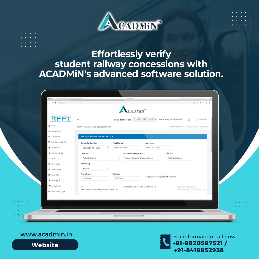 FutureTPartner's tweet photo. Streamline student railway concessions verification with ACADMiN's seamless software solution.

Tap the link in the bio or visit our official website https://t.co/K1xAzw9QlC
#ACADMiN #StudentConcessions #RailwayVerification #EffortlessVerification #education #erpsystem #ACADMiN https://t.co/oJA0ccQvJo