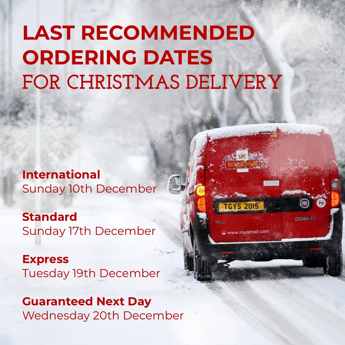 🔔📮 With #Christmas Day fast approaching here are our last recommended ordering dates for Christmas delivery 2023…

International
Sunday 10th December

Standard
Sunday 17th December

Express
Tuesday 19th December 

Guaranteed Next Day
Wednesday 20th December 

#yorkshiregifts