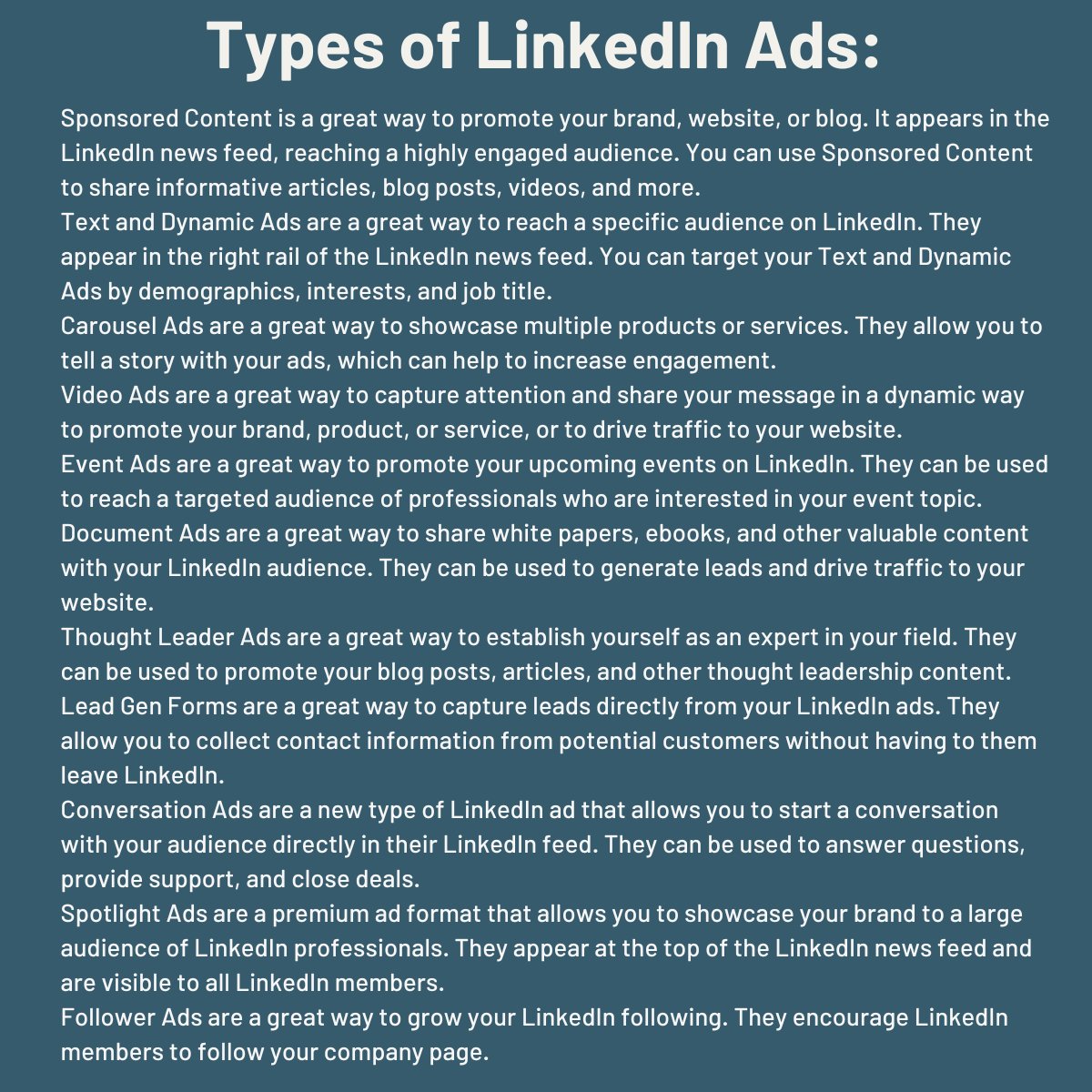 Types of LinkedIn Ads:
#linkedingrowth #linkedinads #linkedinexpert #linkedinengagement #linkedincoach #linkedincreators #linkedinforbusiness #linkedincreator #linkedincontent #linkedinleadgeneration #linkedinadvertising #linkedinleads #linkedinbranding #linkedinbusiness