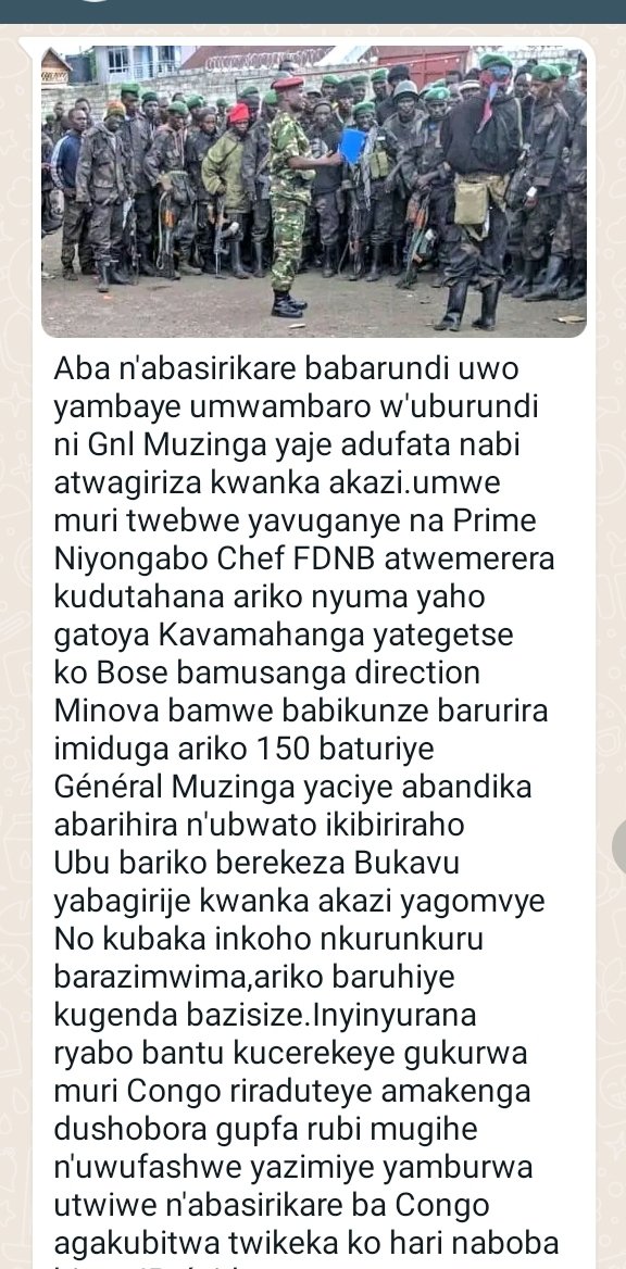 pnininahazwe's tweet photo. Ce message d'un militaire burundais qui a participé à cette réunion d'hier avec le Général #Muzinga témoigne de la perte de moral des militaires burundais déployés dans #TAFOC.
Les militaires burundais ne comprennent pas cette guerre en #RDC et veulent rentrer au #Burundi. 4/4 https://t.co/ydgyK7lIp7