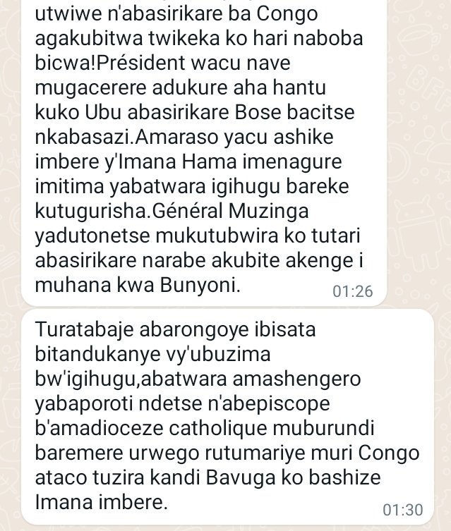 pnininahazwe's tweet photo. Ce message d'un militaire burundais qui a participé à cette réunion d'hier avec le Général #Muzinga témoigne de la perte de moral des militaires burundais déployés dans #TAFOC.
Les militaires burundais ne comprennent pas cette guerre en #RDC et veulent rentrer au #Burundi. 4/4 https://t.co/ydgyK7lIp7
