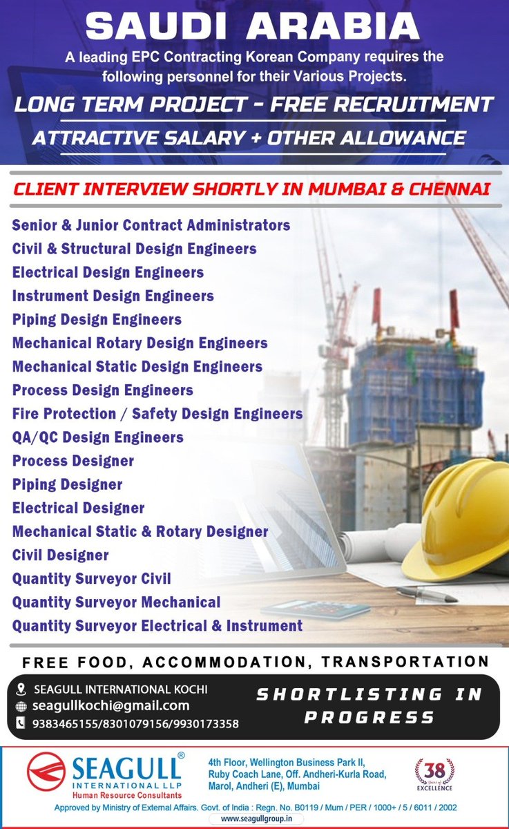 hrd1_seagull's tweet photo. •
🇸🇦Saudi Arabia Jobs 
‼️Free Recruitment 
✔️Shortlisting In Progress - Long Term Project 
📍Client Interview Shortly In Mumbai &amp; Chennai
.

.

.
#saudiarabiajobs #seagull #Kochijobs #electricaldesignengineer #pipingdesignengineers #processdesignengineers #civildesigner https://t.co/T48jvY8ouF