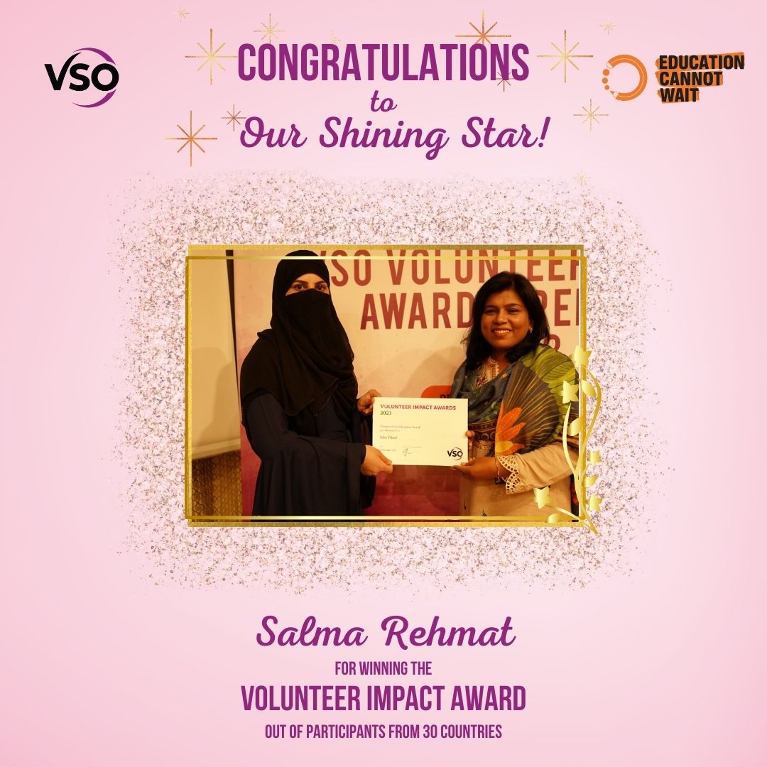 Volunteer Impact Award 2023!
<a href="/UNDP_Pakistan/">UNDP Pakistan</a>    
<a href="/Taraqee01/">Taraqee Foundation</a> 
<a href="/itacecorg/">Idara-e-Taleem-o-Aagahi (ITA)</a> 
<a href="/VSO_Intl/">VSO</a> 
<a href="/EduCannotWait/">Education Cannot Wait</a> 
<a href="/prdspk/">Participatory Rural Development Society (PRDS)</a> 
<a href="/PAGEPakistan/">PAGE Foundation</a> 
<a href="/UN/">United Nations</a> 
<a href="/USAID_Pakistan/">USAID Pakistan</a> 
<a href="/FCDOGovUK/">Foreign, Commonwealth & Development Office</a>