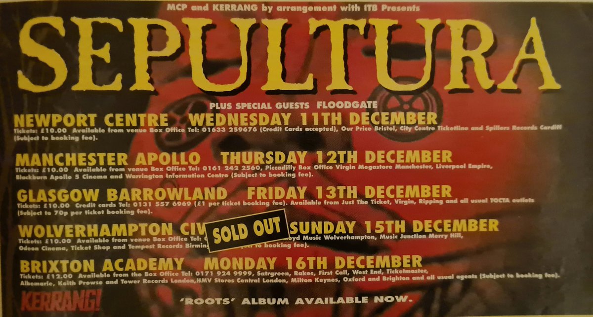 Kerrangpod's tweet photo. The last tour that Sepultura did with the original line up. I was at their "last gig" at Brixton &amp; remember seeing the tension on stage. I have a feeling that fueled them on to put on an absolutely incredible show. That gig can be heard on the live album "Under A Pale Grey Sky". https://t.co/HsnfNeoNB8