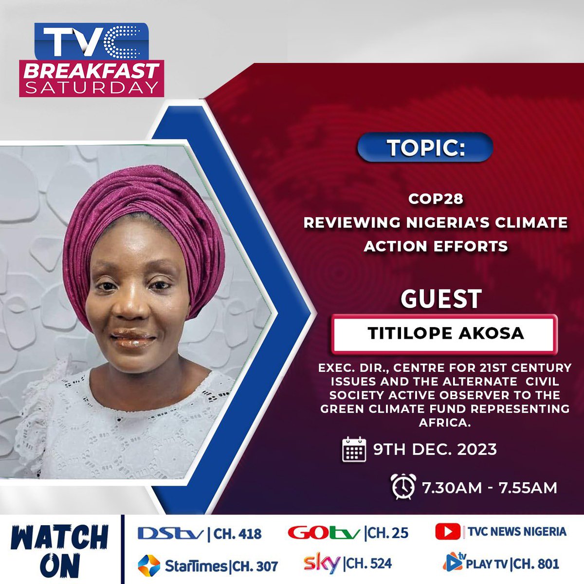 During an interview with <a href="/tvcnewsng/">TVC News</a> Breakfast Saturday on the review of Nigeria’s climate action efforts in #COP28UAE, <a href="/gbemtak/">Gbemisola Akosa</a> discussed the pledges made to support developing countries facing climate change impacts and the decision on Loss and Damage Fund operationalised….