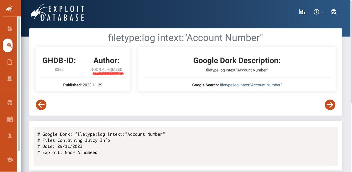 AlHomaidNoor's tweet image. My dork got published in #Google hacking database! 🪲

Link: exploit-db.com/ghdb/8362
Happy hacking! 

#googledork #infose #BugBounty #ethicalhacking