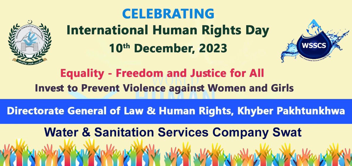 'WSSC Swat believes in a world where everyone's rights are respected.Join us in spreading awareness and fostering a culture of inclusivity and justice.Happy International Human Rights Day! 
#StandUpForRights #WSSCSwat 
@DC_Swat @infokpgovt 
@KPCIP1  @WorldBankWater 
@PakistanADB