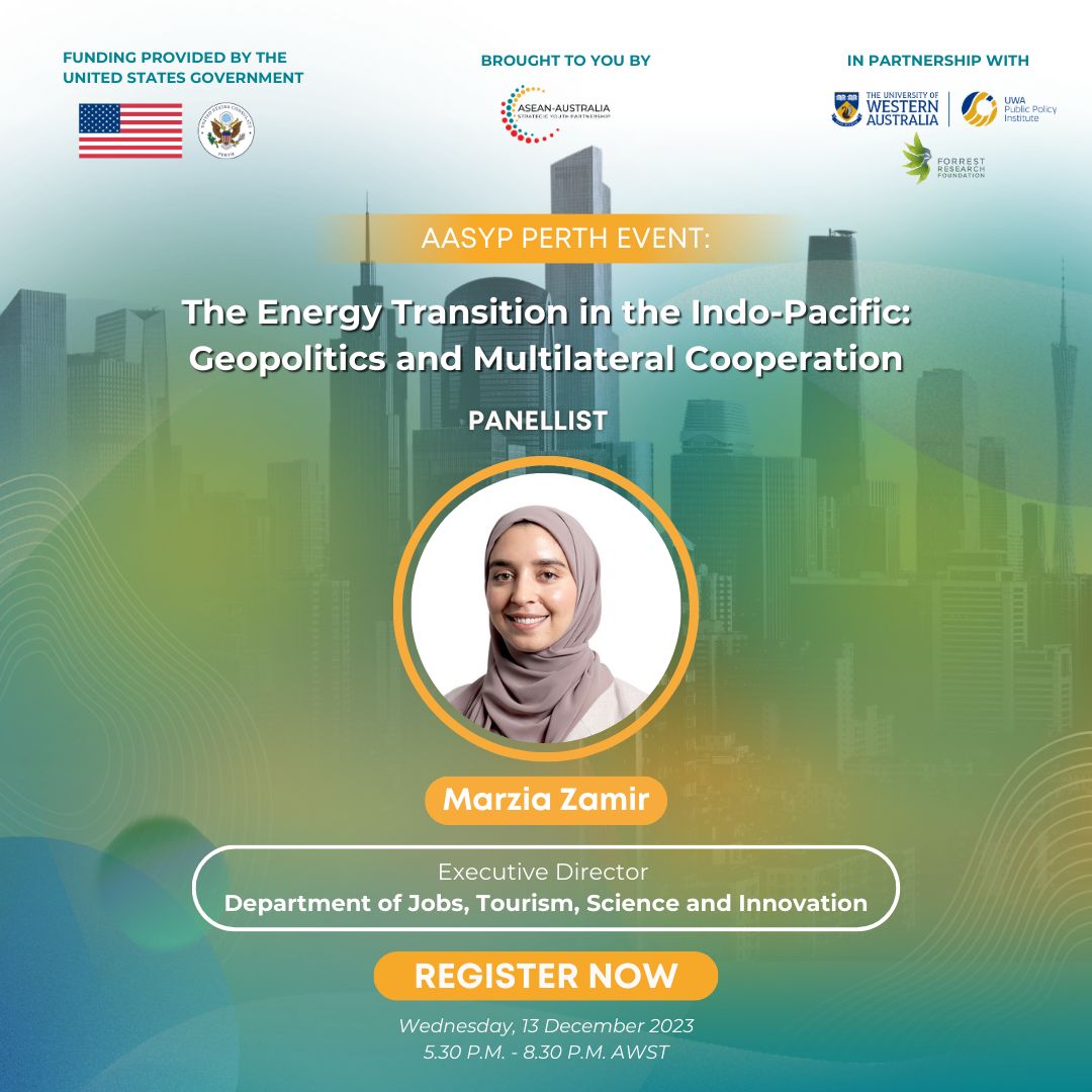 📢 Our final panellist is here! Marzia Zamir, Executive Director in the Department of Jobs, Tourism, Science and Innovation Register here⚡️ 🔗 events.humanitix.com/the-energy-tra… This event is funded by the United States Government. #EnergyTransition #AASYP #ASEAN #Australia