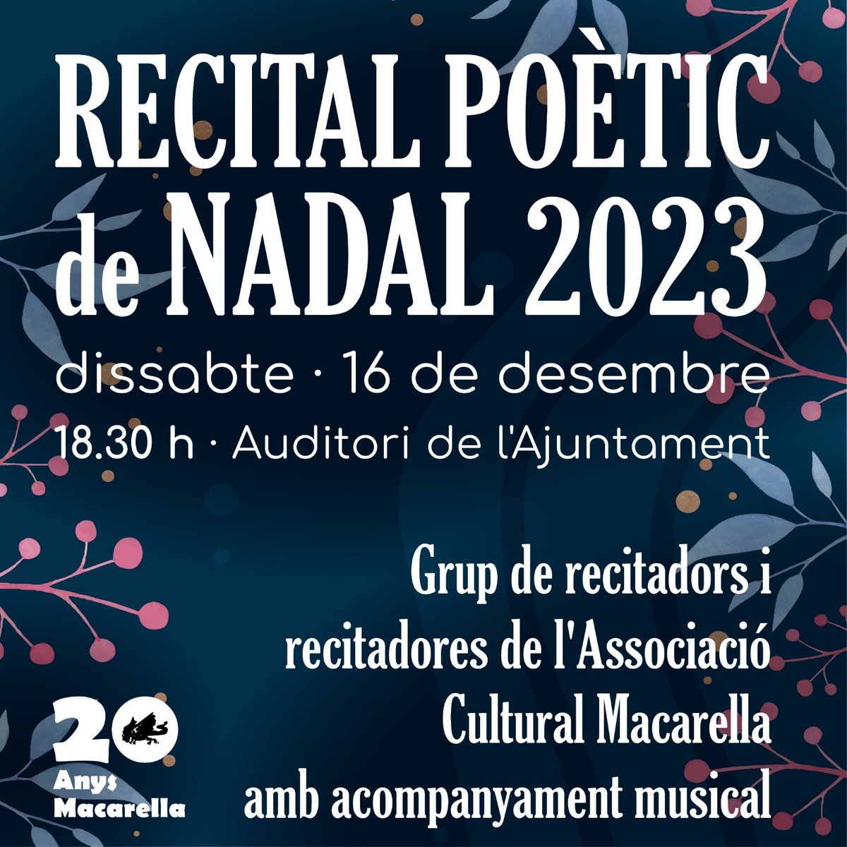 Propera activitat macarellera: dissabte 18 de desembre a les 18:30h 
✨Recital poètic de nadal.
Vine a gaudir de la música, de la poesia (i dels dolços nadalencs 😉)✨
<a href="/EspaiCarraixet/">Espai Carraixet</a> <a href="/jovesnet/">Xarxa JOVES.net</a> <a href="/Rollmassarrojos/">Roll de l'Ametler</a> <a href="/AccioCulturalPV/">Acció Cultural del País Valencià</a>