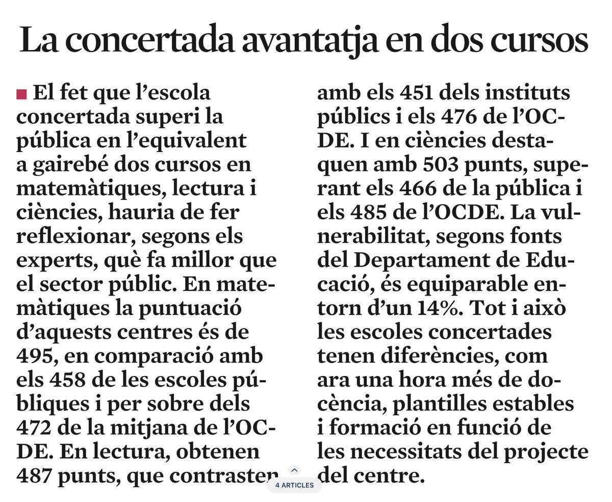 L´informe PISA palesa els errors de l´escola pública catalana en comparació amb una escola concertada infrafinançada que ha sabut trobar solucions  i garantir la qualitat educativa.  <a href="/FeccComunicacio/">FECC</a> <a href="/laconcertadacat/">laconcertada</a>  <a href="/_Confederacio/">Confederació Cent. Autònoms Ensenyament Catalunya</a> 
naciodigital.cat/opinio/26732/e…