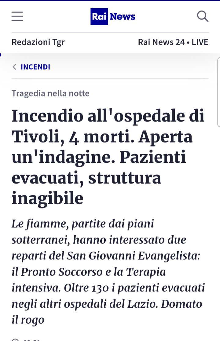 Una terribile notizia che non avrei mai voluto leggere. La mia solidarietà e vicinanza alle famiglie delle vittime di questa tragedia avvenuta all'ospedale di Tivoli.
#OSPEDALE #Tivoli