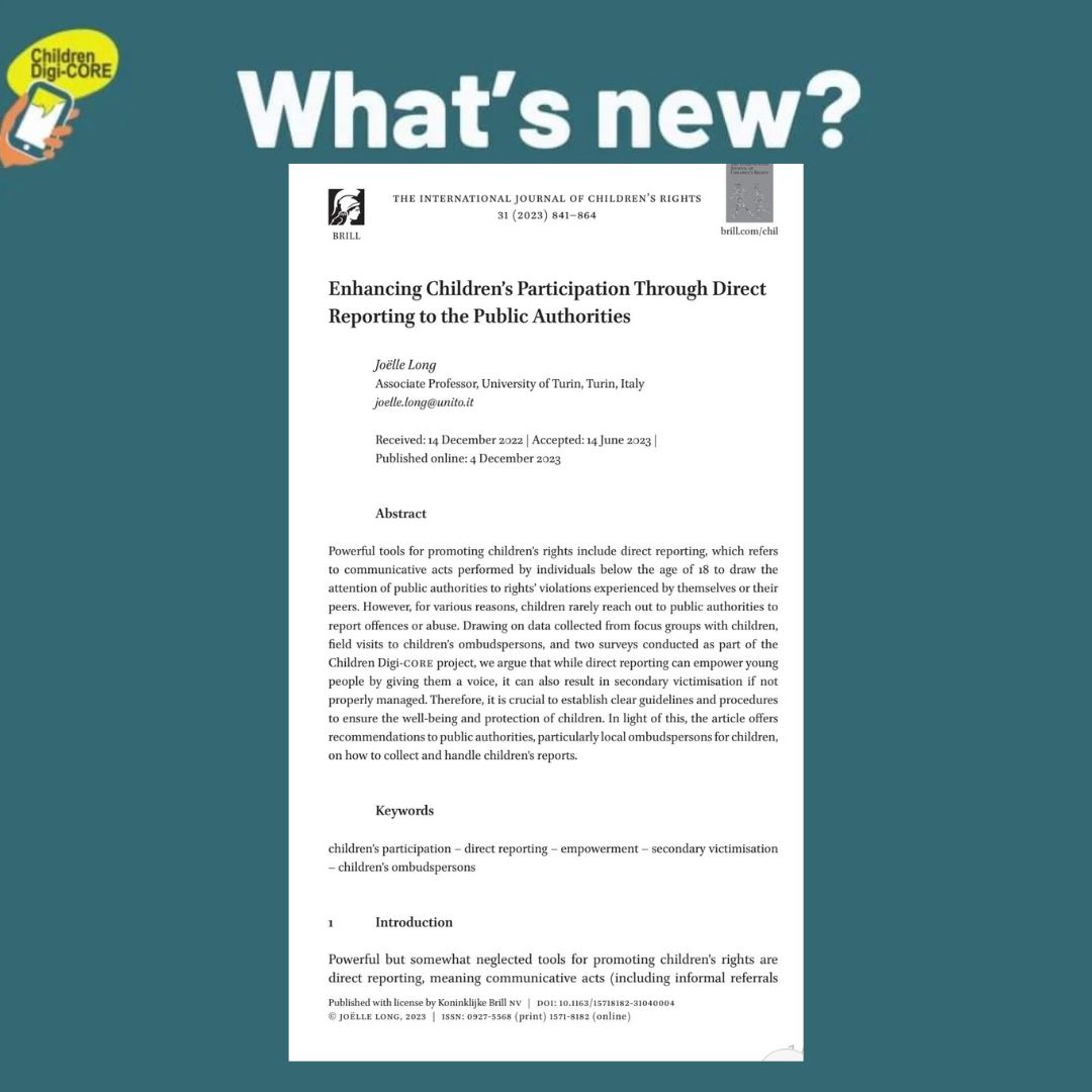 DigiCoreProject's tweet image. Did someone say #childrendigicore?
The new article &quot;Enhancing Children&apos;s participation through direct report to the Public Authorities&quot; (by Professor J.Long) was #just #published on the International Journal of Children&apos;s Rights!