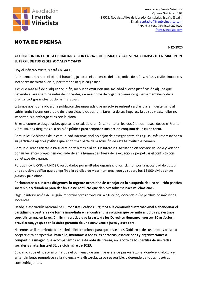 FrenteVinetista's tweet image. #SoluciónYAConflictoIsraelPalestina
Urgimos a la com. internacional a encontrar una solución justa y duradera en la que los #DerechosHumanos sean la base para la convivencia entre Israel y Palestina
🌍✨ Súmate, comparte la #imagen en el perfil de tus #RedesSociales hasta #31D