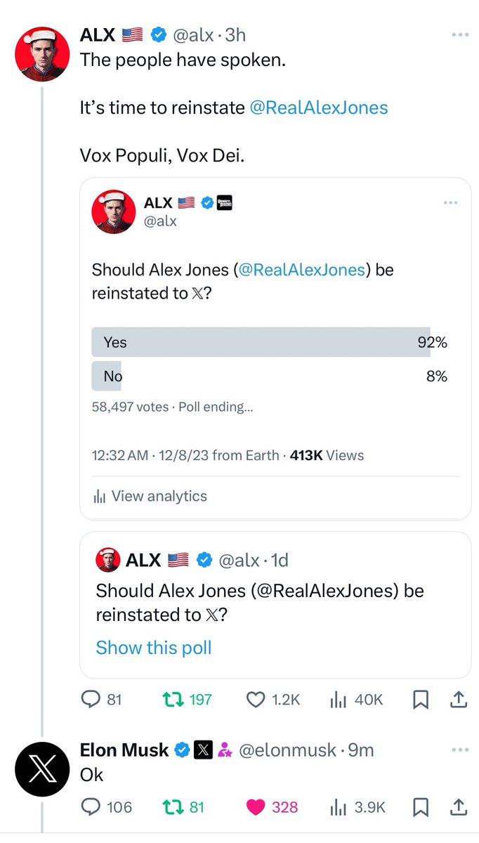 BREAKING: Alex Jones (<a href="/RealAlexJones/">Alex Jones</a>) will be reinstated to 𝕏