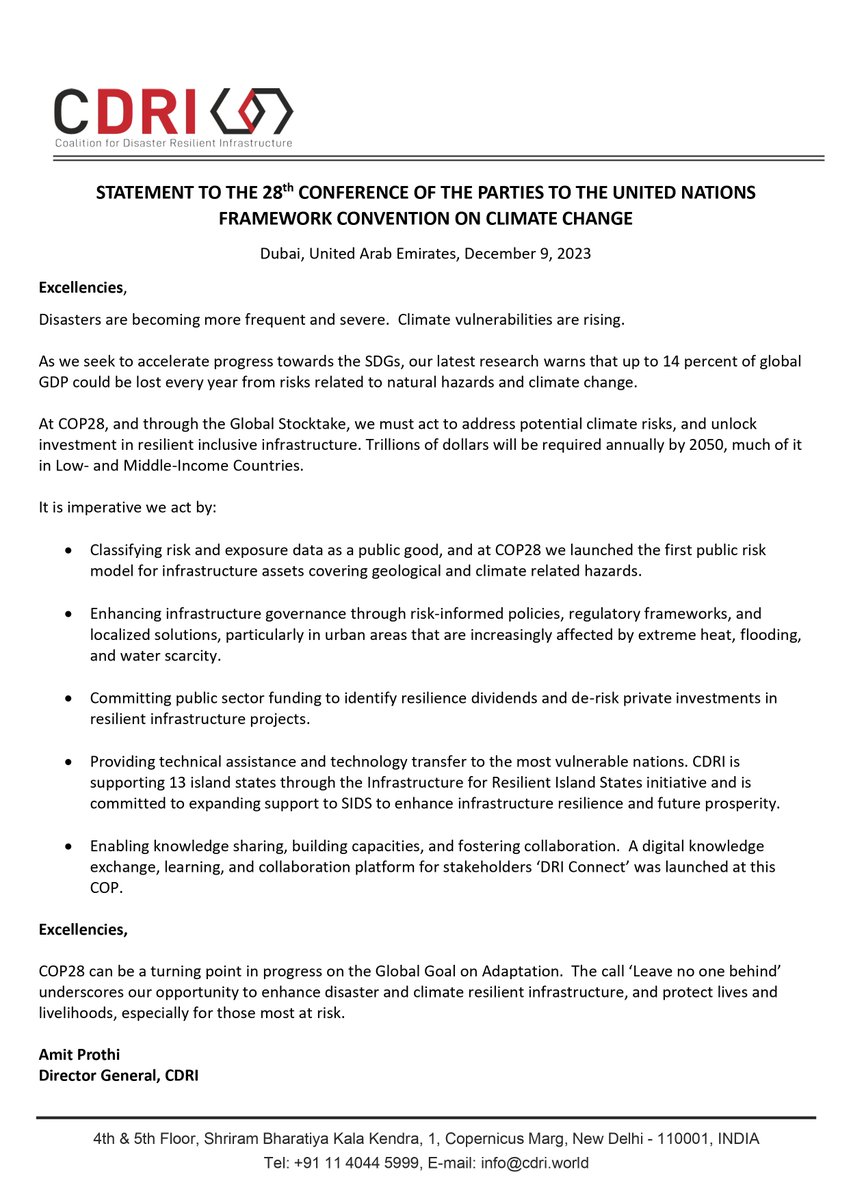 #CDRI at #COP28  

<a href="/AmitProthi/">Amit Prothi</a>, Director General, <a href="/cdri_world/">Coalition for Disaster Resilient Infrastructure</a>, delivering Observer Statement at the <a href="/UNFCCC/">UN Climate Change</a> High-Level Segment for Observers, <a href="/COP28_UAE/">COP28 UAE</a> 

#resilientinfrastructure

Reading Now: The Full Statement👇