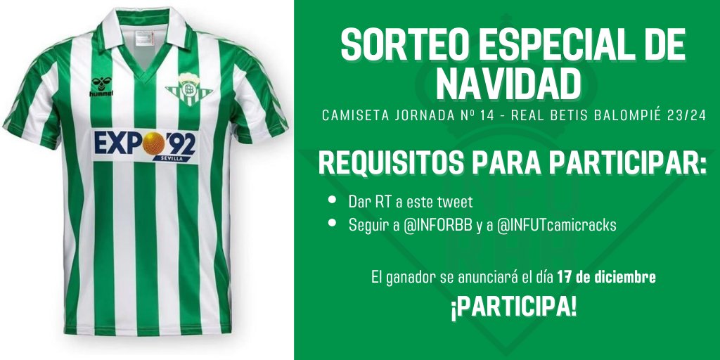 Se acerca la Navidad y regalamos esta camiseta especial del Real Betis. Para optar a ella:

- Da RT a este tweet
- Sigue a <a href="/InfoRBB/">Info Real Betis</a> y <a href="/INFUTcamicracks/">INFUTcamicracks</a> 

Ganador: 17 de diciembre.

¡PARTICIPA!