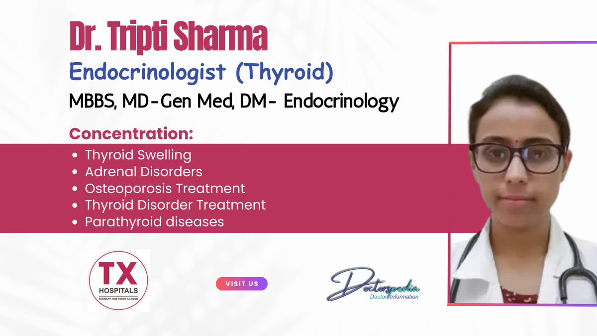 WDoctorspedia's tweet photo. Dr. Tripti Sharma holds extensive experience in adult and pediatric Endocrinology. She treats her patients regularly at TX Hospitals, Hyderabad, India.
https://t.co/gjYy2ZBhj0
#txhospital
#sasthyaseba
#doctorspedia
#doctorappointment
#endocrinologist
#endocrinology https://t.co/V3gSBpuN8e