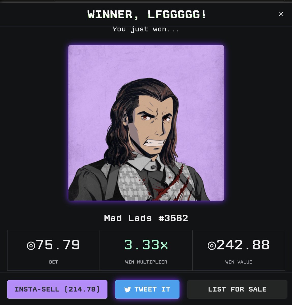 GIVE AWAY $1000 for more lucks to come 🤍

Chuyện là mình còn đúng ~80 sol trong ví phụ nên YOLO BUY thử 1 @MadLadsNFT 242 SOL rank 1638 với #Vincent hair traits 0.55% chỉ với 30% khả năng thành công...  😳 

Xin lan toả sự may mắn này bằng G.A $100 cho 10 bạn RTWEET,