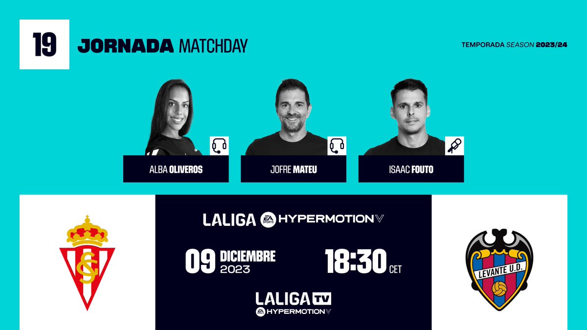 Jofre Mateu Gonzalez (@jofrem11) on Twitter photo #FelizSábado
Los buenos son los que se levantan rápido
#jornada19
El buen #fútbol en #LaLigaTV👇🏼
🏟 Molinón E C Quini
⌚️ 18:30
⚽️ <a href="/RealSporting/">Real Sporting</a> <a href="/LevanteUD/">Levante UD</a>
🎙<a href="/albaoliverosz/">Alba Oliveros</a> <a href="/isaacfouto/">Isaac Fouto</a> y☝🏼
<a href="/LaLiga/">LALIGA</a> #LALIGAHYPERMOTION #InsideLaLiga #RealSportingLevante #FelizSábado
Los buenos son los que se levantan rápido
#jornada19
El buen #fútbol en #LaLigaTV👇🏼
🏟 Molinón E C Quini
⌚️ 18:30
⚽️ <a href="/RealSporting/">Real Sporting</a> <a href="/LevanteUD/">Levante UD</a>
🎙<a href="/albaoliverosz/">Alba Oliveros</a> <a href="/isaacfouto/">Isaac Fouto</a> y☝🏼
<a href="/LaLiga/">LALIGA</a> #LALIGAHYPERMOTION #InsideLaLiga #RealSportingLevante