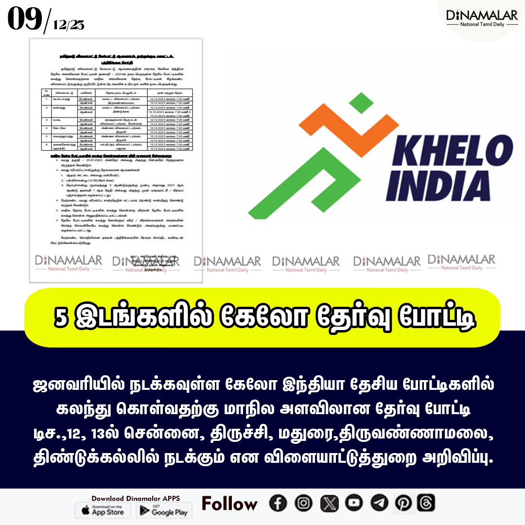dinamalarweb's tweet image. 5 இடங்களில் கேலோ தேர்வு போட்டி
#kheloindia #nationalcompetition 
dinamalar.com
