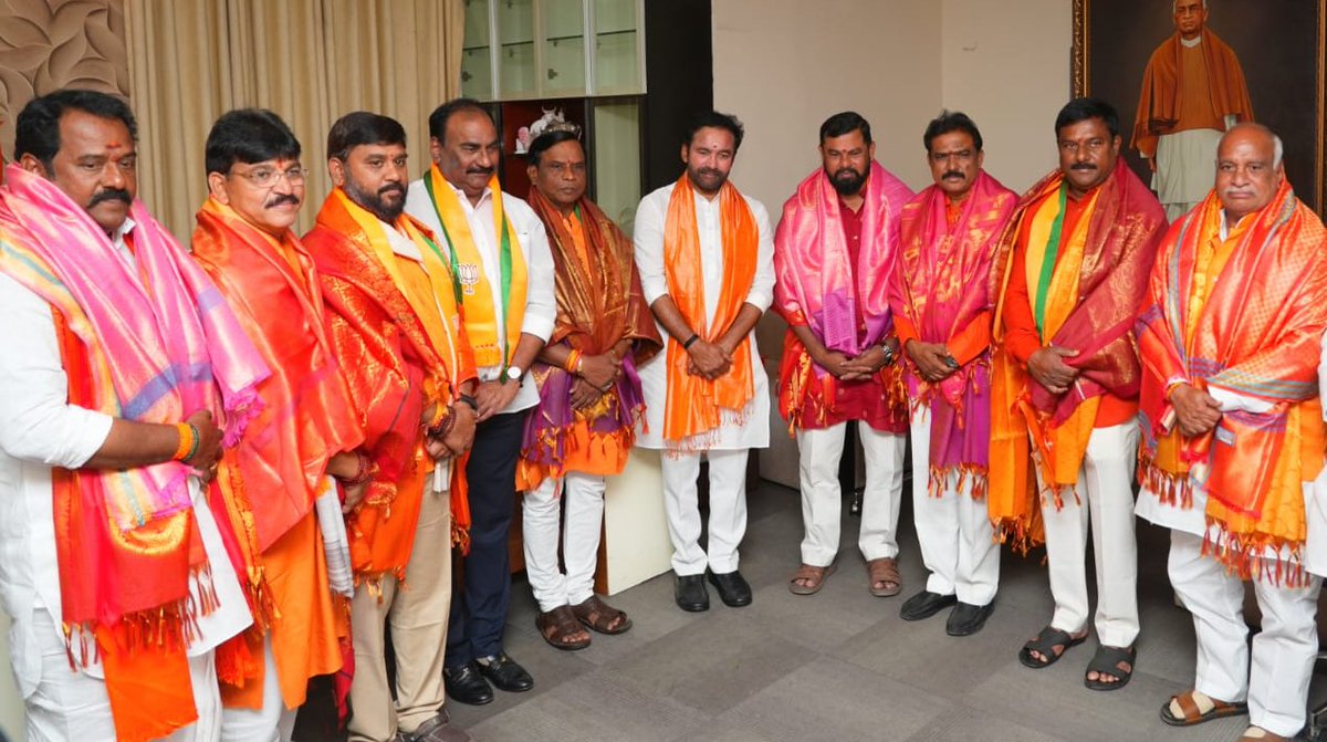 Newly elected <a href="/BJP4Telangana/">BJP Telangana</a> MLAs with State President Shri <a href="/kishanreddybjp/">G Kishan Reddy</a> ji at the State Office.