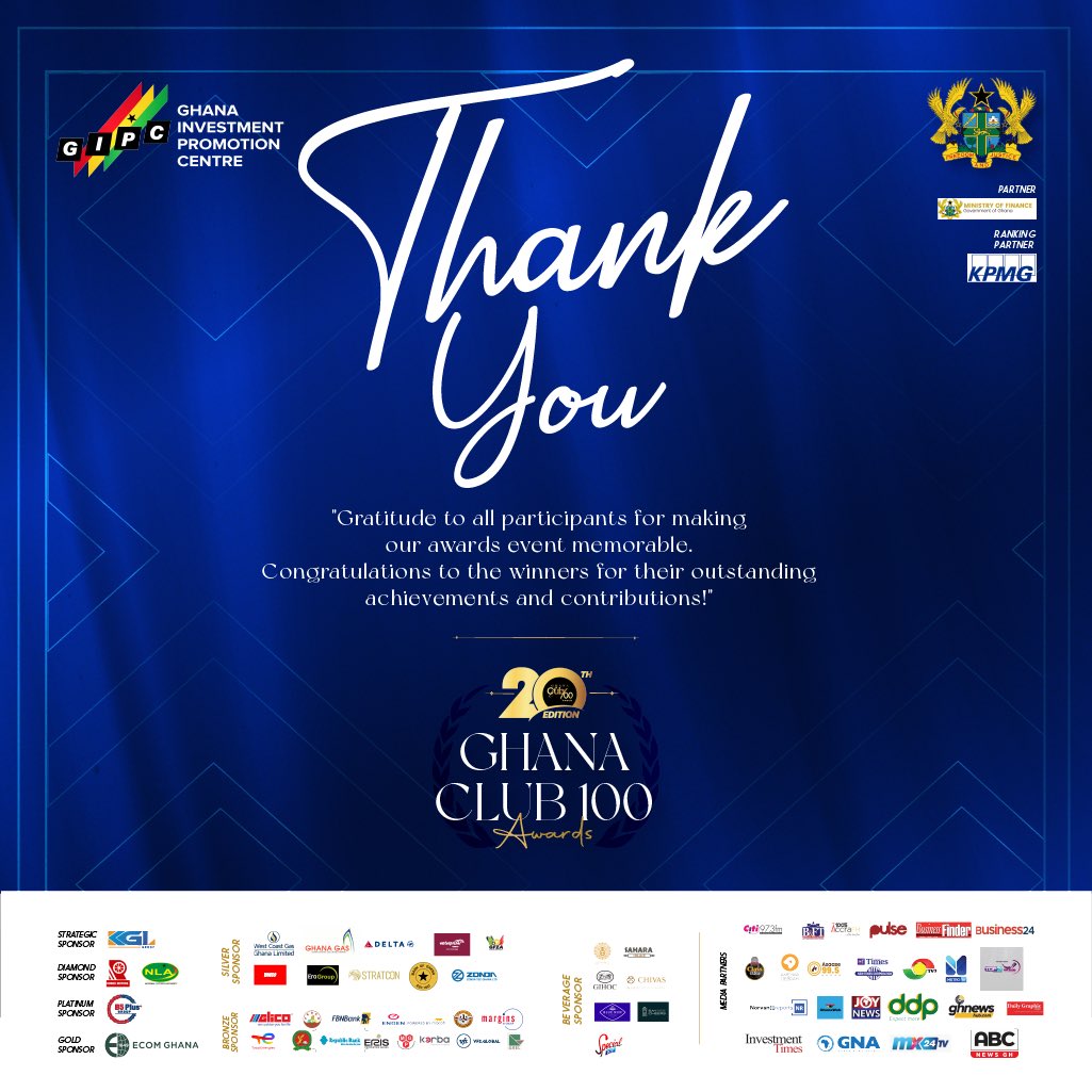 gipaghana's tweet photo. Our heartfelt gratitude to our partners, sponsors, & participants, for making the 20th edition of the Ghana Club 100 Awards memorable.
Congratulations to our awardees for their outstanding achievements & contributions!
#GC100At20 #GIPC #GC100Awards #20thEdition https://t.co/xbCShOwRbK
