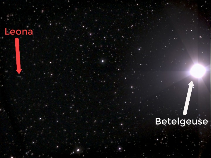 tony873004's tweet image. On Monday night / Tuesday morning, this dim #asteroid  Leona will #occult the bright star #Betelgeuse in parts of Europe and Africa, potentially blocking ALL its light for several seconds. This picture taken with eVscope by @unistellar