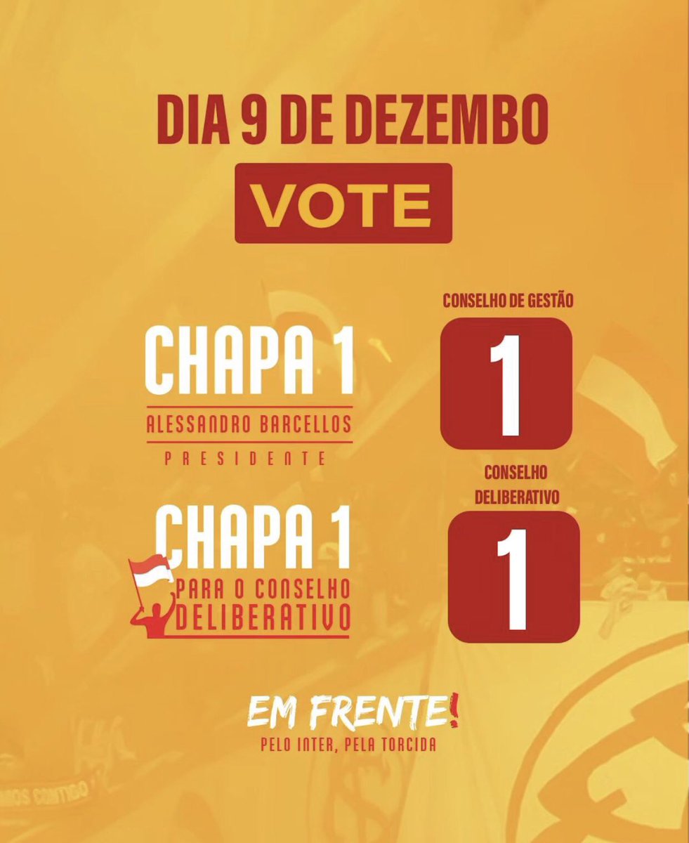 É Hoje! 🇮🇩
Chapa 1 para o Conselho de Gestão e Chapa 1 para o Conselho Deliberativo.

Em frente!
Pelo Inter, pela Torcida.
