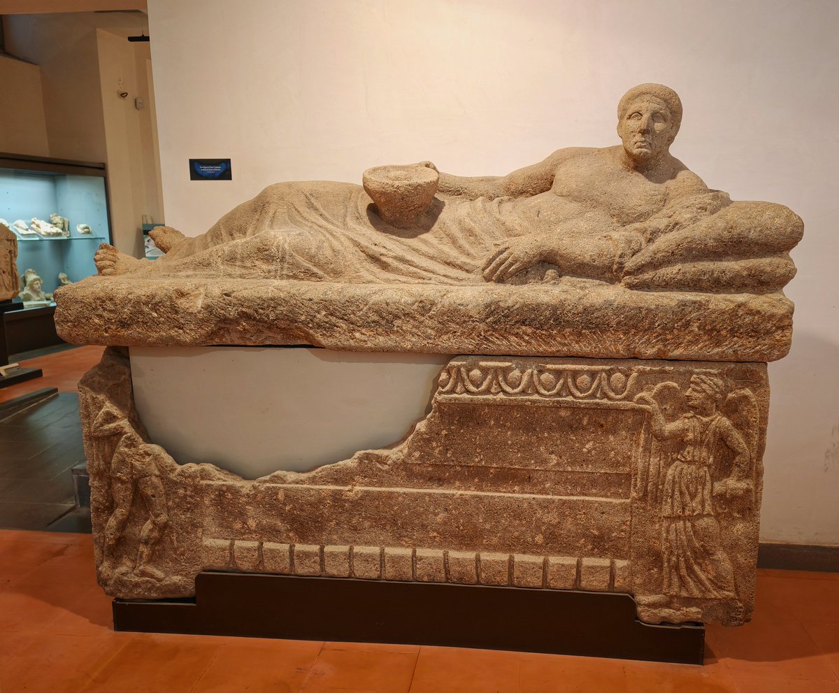 3rd century BC sarcophagus found in 1896 at Pietra Campana

The deceased is shown reclining, perhaps at his funeral banquet, holding the 'patera', a sacred libation vessel

Vanth, a psychopomp, can be seen on the right

Claudio Faina Etruscan Museum, Orvieto

#SarcophagusSaturday